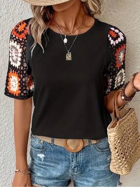 Women's Black Tee with Multicolor Crochet Short Sleeves